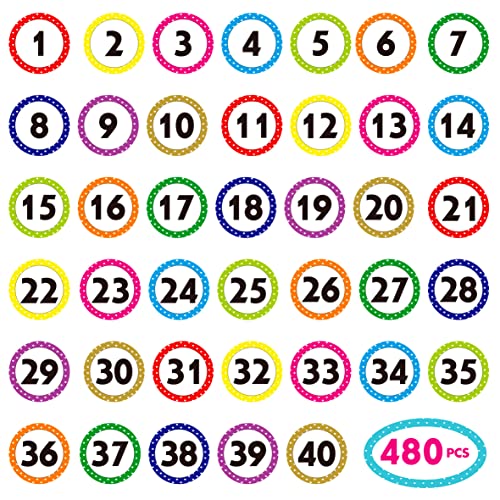 480 Stück Zahlenaufkleber runde, 12 Blatt Polka Dot Number 1-40 Etiketten Selbstklebende, wasser- und reißfeste Nummernaufkleber ohne Rückstände für Büro, Klassenzimmer, Innenbereich, Aufbewahrung von Hebayy