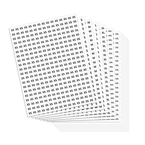 5400 Stk. runde Sticker/Etiketten für Kleidungsgrößen; Riesenpackung mit 7 Größen (XS, S, M, L, XL, XXL, XXXL) mit Perforationslinie und 1,3cm Durchmesser; englische Version von Hebayy