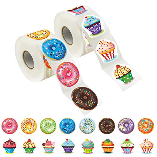 600 Cupcake/Donut-Aufkleber; Dekorieren, Belohnen, Motivieren auf Partys, in der Schule; Riesenpackung mit 16 Designs; mit Perforationslinie; jeweils 3,8 cm im Durchmesser von Hebayy