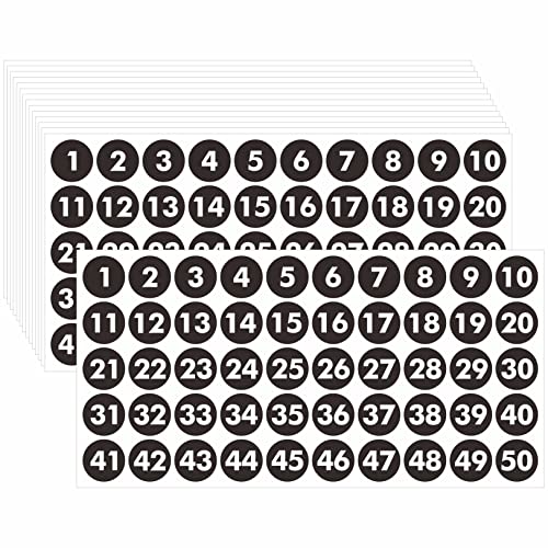 750 Stück runde Nummernaufkleber, 15 Blätter aufeinanderfolgende schwarze Vinyl-Nummernetiketten 1-50 selbstklebende Punktnummernaufkleber für drinnen, draußen, Büro, Klassenzimmer (jeweils 2.5cm) von Hebayy
