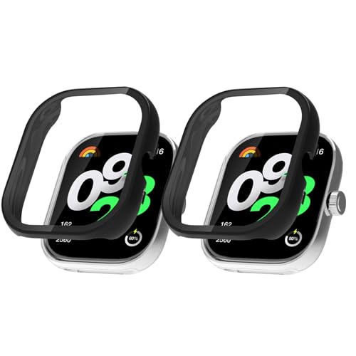 HeeYeal [2-Stück] Hülle Kompatibel mit Xiaomi Redmi Watch 4, Harter PC Hülle mit Glasfolie Schutzfolie, Abdeckung Ultradünne Kratzfest Schutzhülle für Xiaomi Redmi Watch 4 - Schwarz+Schwarz von HeeYeal