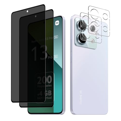 HeeYeal Privacy Schutzfolie + Kameraschutz Kompatible mit Xiaomi Redmi Note 13 Pro 5G, Panzer Schutz Glas Anti-Spy Folie, [2 + 2 Stück] 9H Härte Anti-Spähen Sichtschutzfolie für Redmi Note 13 Pro 5G von HeeYeal