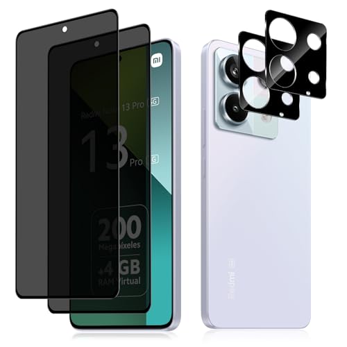 HeeYeal Privacy Schutzfolie + Kameraschutz Kompatible mit Xiaomi Redmi Note 13 Pro 5G, Panzer Schutz Glas Anti-Spy Folie, [2 + 2 Stück] 9H Härte Anti-Spähen Sichtschutzfolie für Redmi Note 13 Pro 5G von HeeYeal