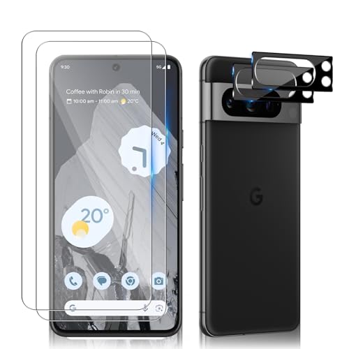 HeeYeal Schutzfolie + Kameraschutz Kompatible mit Google Pixel 8 Pro 5G, HD Displayschutz, [2 + 2 Stück] 9H Härte Bruchsicher Anti-Kratzer, HD-Klar Panzer Schutz Glas für Google Pixel 8 Pro 5G von HeeYeal