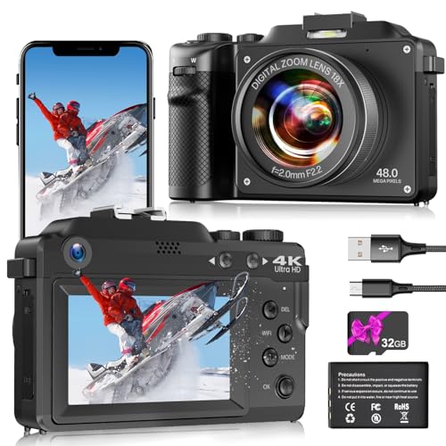 Digitai Kamera 4K 48MP Kontakt-Digitalkamera für Fotografie, Vlogging Kamera mit kostenloser 32GB SD-Karte, 18X Digitalzoom, Dual-Objektiv Selfie-Funktion von Heegomn