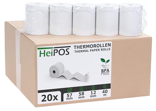 HeiGroup - HeiPOS 20x Thermorollen BPA frei (B/Ø) 57mm / 58mm - Länge 40m, Kern Ø 12mm, Flächengewicht 52 g/m2, Dicke 60 µm, 10 Jahre Haltbarkeit von HeiGroup