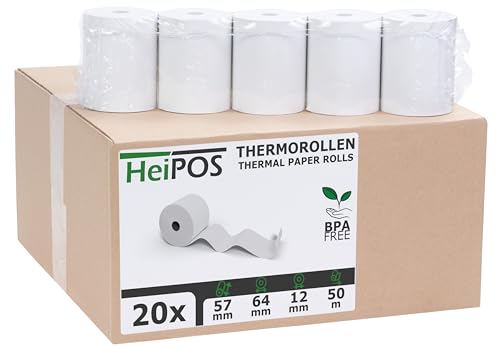 HeiGroup - HeiPOS 20x Thermorollen BPA frei (B/Ø) 57mm / 64mm - Länge 50m, Kern Ø 12mm, Flächengewicht 52 g/m2, Dicke 60 µm, 10 Jahre Haltbarkeit von HeiGroup