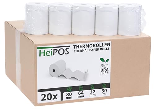 HeiGroup - HeiPOS 20x Thermorollen BPA frei (B/Ø) 80mm / 64mm - Länge 50m, Kern Ø 12mm, Flächengewicht 52 g/m2, Dicke 60 µm, 10 Jahre Haltbarkeit von HeiGroup