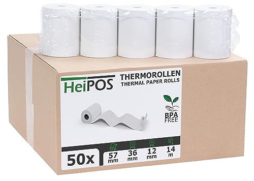 HeiGroup - HeiPOS 50x Thermorollen BPA frei (B/Ø) 57mm / 36mm - Länge 14m, Kern Ø 12mm, Flächengewicht 52 g/m2, Dicke 60 µm, 10 Jahre Haltbarkeit von HeiGroup