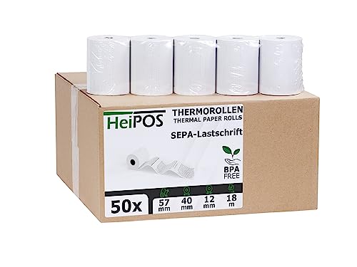 HeiGroup - HeiPOS 50x Thermorollen SEPA Lastschrift - 57mm x 18m, Rollen Ø 40mm, Kern Ø 12mm, Flächengewicht 52 g/m2, Dicke 60 ?m, 10 Jahre Haltbarkeit von HeiGroup