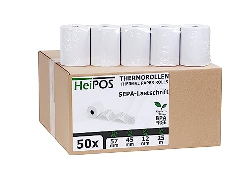 HeiGroup - HeiPOS 50x Thermorollen SEPA Lastschrift - 57mm x 25m, Rollen Ø 45mm, Kern Ø 12mm, Flächengewicht 52 g/m2, Dicke 60 ?m, 10 Jahre Haltbarkeit von HeiGroup