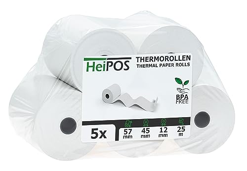 HeiGroup - HeiPOS 5x Thermorollen BPA frei (B/Ø) 57mm / 45mm - Länge 25m, Kern Ø 12mm, Flächengewicht 52 g/m2, Dicke 60 µm, 10 Jahre Haltbarkeit von HeiGroup