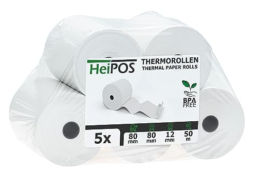 HeiGroup - HeiPOS 5x Thermorollen BPA frei (B/Ø) 80mm / 80mm - Länge 80m, Kern Ø 12mm, Flächengewicht 52 g/m2, Dicke 60 µm, 10 Jahre Haltbarkeit von HeiGroup