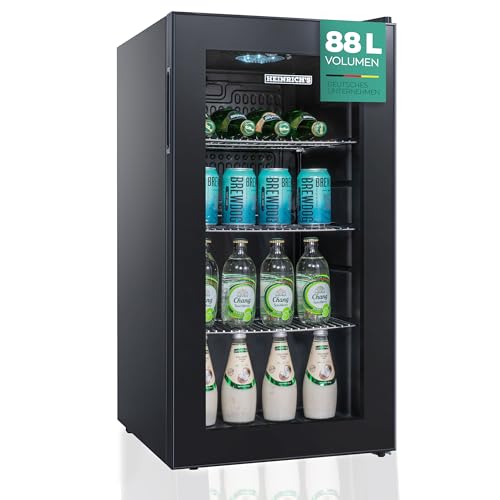 Heinrich´s HEINRICHS Getränkekühlschrank, Mini Kühlschrank mit Glastür kompakt und leise: 40dB, LED-Innenraumbeleuchtung, perfekt geeignet für Büro Camping Garten,4 bis18°C, (88 Liter/3 Ablagen/40db) von Heinrich´s