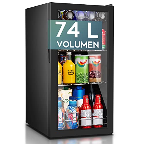 Heinrich´s Getränkekühlschrank, Mini Kühlschrank mit Glastür kompakt und leise: 40dB, LED-Innenraumbeleuchtung, perfekt geeignet für Büro Camping Garten,5 bis18°C, (74Liter/3Ablagen/40db) von Heinrich´s