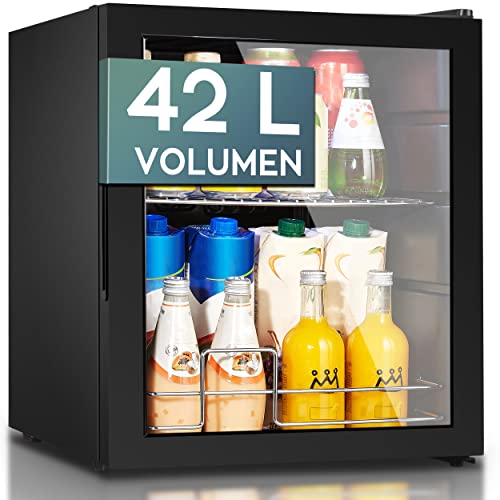 Heinrich´s HEINRICHS Getränkekühlschrank, Mini Kühlschrank mit Glastür kompakt und leise: 40dB, LED-Innenraumbeleuchtung, perfekt geeignet für Büro Camping Garten,5 bis18GradC, (42Liter/1Ablage/40db) von Heinrich´s