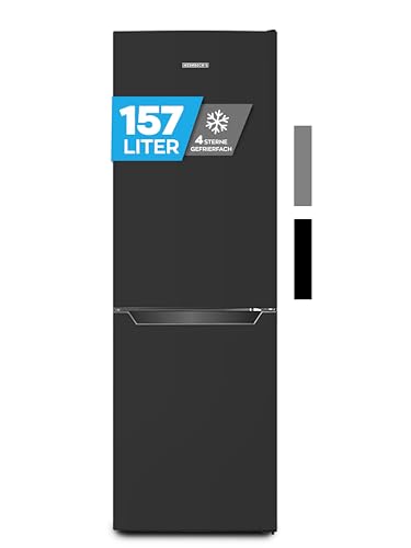 Heinrich´s Kühlgefrierkombination mit 157 L Gesamtvolumen, 109 L Kühlvolumen 48 L Gefriervolumen, LED Beleuchtung, Türanschlag wechselbar, verstellbare Füße, leise 39 dB, große Tiefkühlboxen, schwarz von Heinrich´s