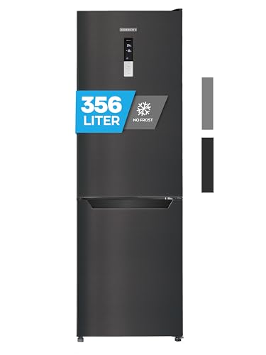 Heinrich´s Kühlgefrierkombination mit 356L Mega Gesamtvolumen, 260L Kühlvolumen 96L Gefriervolumen,LED Beleuchtung,Türanschlag wechselbar,leise 37dB, Kühlschrank mit großen Tiefkühlboxen(schwarz-inox) von Heinrich´s