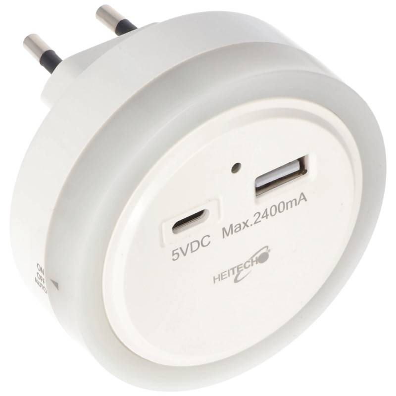 LED-Nachtlicht mit USB-C/A Ladegerät und Dämmerungsautomatik, mit USB-C und USB-A Anschluss, ideale Orientierungshilfe von Heitech