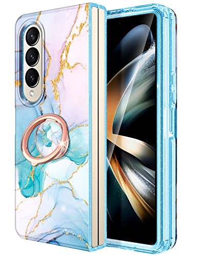 Hekodonk Schutzhülle für Galaxy Z FOLD 4, strapazierfähig, mit Drehring, Ständer, magnetische Autohalterung, vollständiger Schutz, schlanke Marmor-Handyhülle für Galaxy Z FOLD 4, rosa, blauer Marmor von Hekodonk