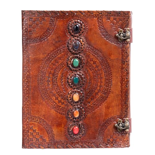 Hell Blues Leather Bound Journal Lined Notebook 13 x 10 inches Large Rustic Diary Seven Chakra Medieval 7-Stone Embossed Handmade Vintage Writing Notepad (200 Pages) von Hell Blues
