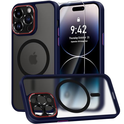 HeIssitot HandyHülle Kompatibel mit iPhone 14 Pro Hülle mit Schutzfolie [Integrierter Kameraschutz] [TOP N56 Starke] Magnete Stoßfest Matt hülle Kompatibel mit iPhone 14 Pro Case Blau von Helssitot