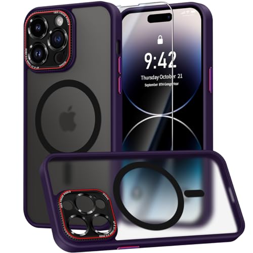 HeIssitot HandyHülle Kompatibel mit iPhone 14 Pro Hülle mit Schutzfolie [Integrierter Kameraschutz] [TOP N56 Starke] Magnete Stoßfest Matt hülle Kompatibel mit iPhone 14 Pro Case Violett von Helssitot