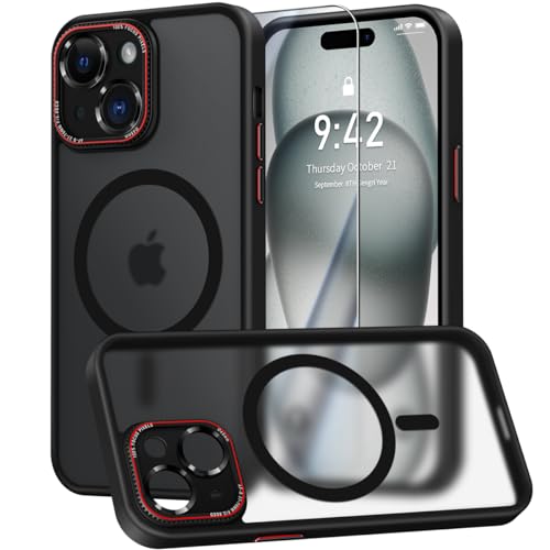 HeIssitot HandyHülle Kompatibel mit iPhone 15 mit Mag Safe mit Panzerfolie [Integrierter Kameraschutz] [TOP N56 Starke] Magnete Stoßfest Matt Schutzhülle Kompatibel mit iPhone 15 Case (Schwarz) von Helssitot