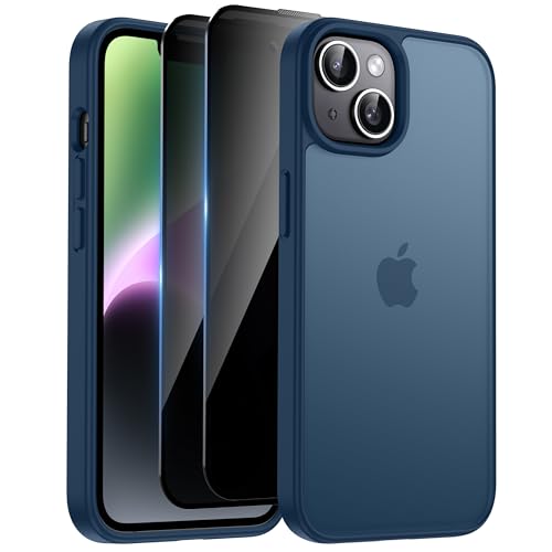 HeIssitot Matt Handyhülle für iPhone 13/iPhone 14 Hülle und 2 Stück Sichtschutz Schutzfolie, [Militärstandard] Durchscheinende PC Rückseite TPU Bumper Schutzhülle für iPhone 13/14, Dunkelblau von Helssitot