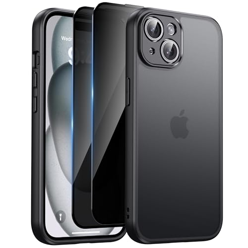 HeIssitot Matt Handyhülle für iPhone 15 Hülle und 2 Stück Sichtschutz Schutzfolie, [Kameraschutz] [Militärstandard] Durchscheinende PC Rückseite TPU Bumper Schutzhülle für iPhone 15, Schwarz von Helssitot