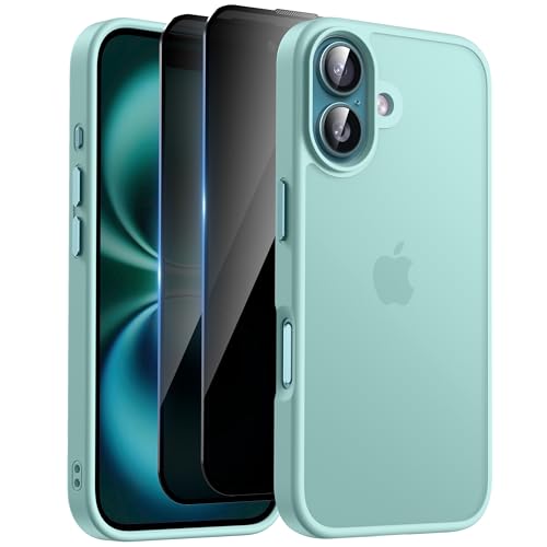 HeIssitot Matt Handyhülle für iPhone 16 Hülle und 2 Stück Sichtschutz Schutzfolie, [Militärstandard] Durchscheinende PC Rückseite TPU Bumper Schutzhülle für iPhone 16, Hellgrün von Helssitot