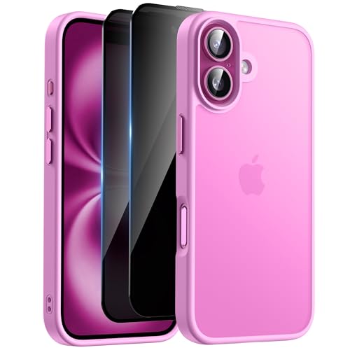 HeIssitot Matt Handyhülle für iPhone 16 Hülle und 2 Stück Sichtschutz Schutzfolie, [Militärstandard] Durchscheinende PC Rückseite TPU Bumper Schutzhülle für iPhone 16, Rosa von Helssitot