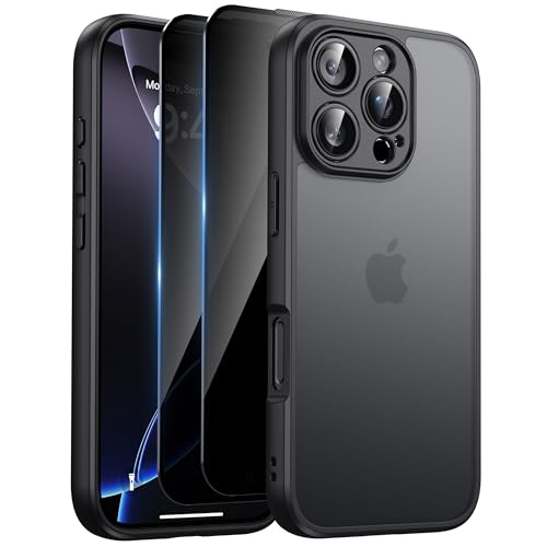 HeIssitot Matt Handyhülle für iPhone 16 pro Hülle und 2 Stück Sichtschutz Schutzfolie, [Kameraschutz] [Militärstandard] Durchscheinende PC Rückseite Bumper Schutzhülle für iPhone 16 pro, Schwarz von Helssitot