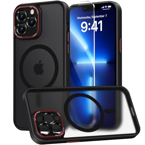 Helssitot HandyHülle Kompatibel mit iPhone 13 Pro Max Hülle mit 1 Schutzfolie [Integrierter Kameraschutz] [TOP N56 Starke] Magnete Matt Hülle Kompatibel mit iPhone 13 Pro Max Case Schwarz von Helssitot