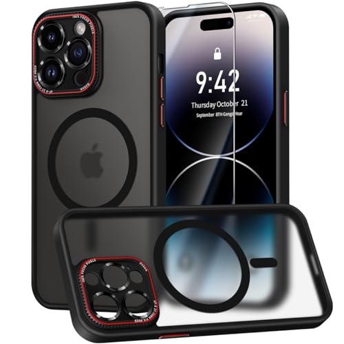 Helssitot HandyHülle Kompatibel mit iPhone 14 Pro Max Hülle mit Schutzfolie [Integrierter Kameraschutz] [TOP N56 Starke] Magnete Matt Hülle Kompatibel mit iPhone 14 Pro Max Case Schwarz von Helssitot