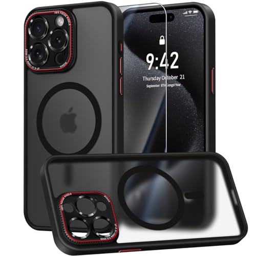 Helssitot HandyHülle für iPhone 15 Pro Max Hülle Kompatibel mit Panzerfolie [Integrierter Kameraschutz] [TOP N56 Starke] Magnete Matt Schutzhülle für iPhone 15 Pro Max Case Schwarz von Helssitot
