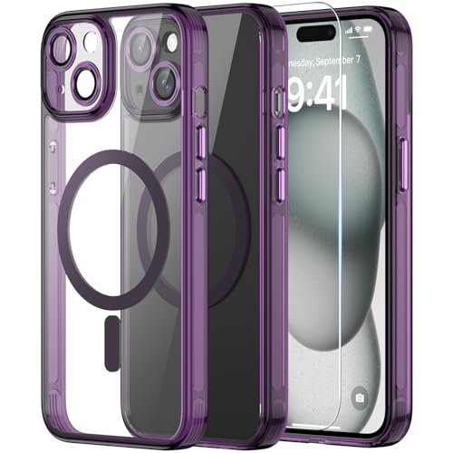 Helssitot Kameraschutz Magnetisch für iPhone 15 Hülle mit Schutzfolie, Kompatibel mit MagSafe, Anti-Yellowing, Durchsichtig PC Kratzfeste, Silikone Bumper Stoßfest Handyhülle iPhone 15 Case Violett Helssitot Kameraschutz Magnetisch für iPhone 15 Hülle mit Schutzfolie, Kompatibel mit MagSafe, Anti-Yellowing, Durchsichtig PC Kratzfeste, Silikone Bumper Stoßfest Handyhülle iPhone 15 Case Violett von Helssitot