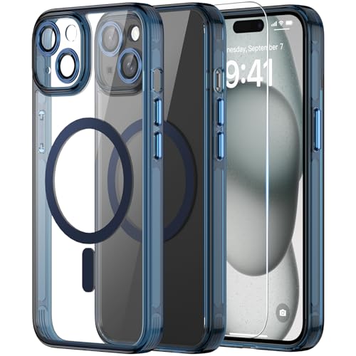 Helssitot Kameraschutz Magnetisch für iPhone 15 Hülle mit Schutzfolie, Kompatibel mit MagSafe, Anti-Yellowing, Durchsichtig PC Kratzfeste, Silikone Bumper Stoßfest Handyhülle iPhone 15 Case Blau Helssitot Kameraschutz Magnetisch für iPhone 15 Hülle mit Schutzfolie, Kompatibel mit MagSafe, Anti-Yellowing, Durchsichtig PC Kratzfeste, Silikone Bumper Stoßfest Handyhülle iPhone 15 Case Blau von Helssitot