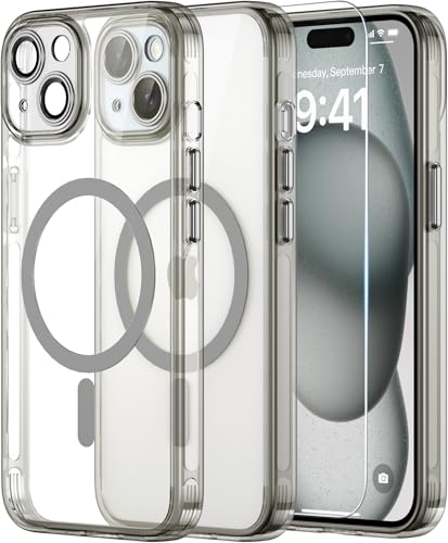 Helssitot Kameraschutz Magnetisch für iPhone 15 Hülle mit Schutzfolie, Kompatibel mit MagSafe, Anti-Yellowing, Durchsichtig PC Kratzfeste, Silikone Bumper Stoßfest Handyhülle iPhone 15 Case (Grau) Helssitot Kameraschutz Magnetisch für iPhone 15 Hülle mit Schutzfolie, Kompatibel mit MagSafe, Anti-Yellowing, Durchsichtig PC Kratzfeste, Silikone Bumper Stoßfest Handyhülle iPhone 15 Case (Grau) von Helssitot