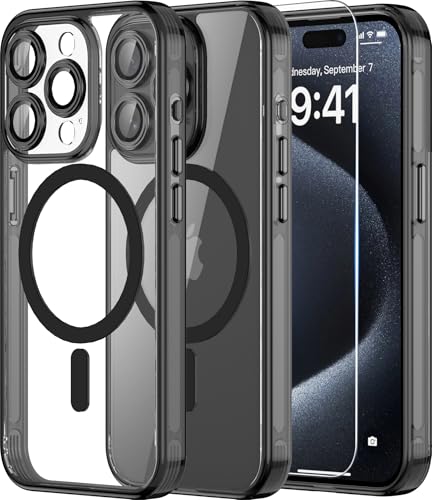 Helssitot Kameraschutz Magnetisch für iPhone 15 Pro Hülle mit Schutzfolie,Kompatibel mit MagSafe,Anti-Yellowing, Durchsichtig PC Kratzfeste,Silikone Bumper Stoßfest Handyhülle iPhone 15pro Schwarz Helssitot Kameraschutz Magnetisch für iPhone 15 Pro Hülle mit Schutzfolie,Kompatibel mit MagSafe,Anti-Yellowing, Durchsichtig PC Kratzfeste,Silikone Bumper Stoßfest Handyhülle iPhone 15pro Schwarz von Helssitot