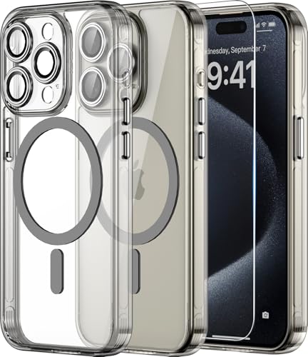 Helssitot Kameraschutz Magnetisch für iPhone 15 Pro Hülle mit Schutzfolie,Kompatibel mit MagSafe,Anti-Yellowing,Durchsichtig PC Kratzfeste,Silikone Bumper Stoßfest Handyhülle iPhone 15pro Case Grau Helssitot Kameraschutz Magnetisch für iPhone 15 Pro Hülle mit Schutzfolie,Kompatibel mit MagSafe,Anti-Yellowing,Durchsichtig PC Kratzfeste,Silikone Bumper Stoßfest Handyhülle iPhone 15pro Case Grau von Helssitot