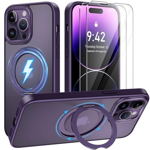 Helssitot Mag Safe Handyhülle Kompatibel mit iPhone 14 Pro, Hülle 6.1" mit 2 Stück Schutzfolie [Unsichtbarer Drehbarer Ständer] Magnetische Case Militärgrad Matte Stoßfest Schutzhülle - Dunkellila von Helssitot