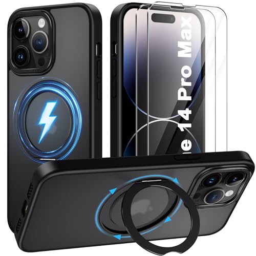 Helssitot Handyhülle Kompatibel mit iPhone 14 Pro Max, Hülle 6.7" mit 2 Stück Schutzfolie [Unsichtbarer Drehbarer Ständer] Magnetische Case Militärgrad Matte Stoßfest Schutzhülle Schwarz von Helssitot