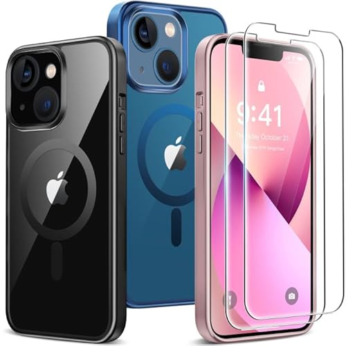 Helssitot Magnetisch Handyhülle für iPhone 13, Hülle 6.1" mit 2 Stück Schutzfolie Kompatibel mit [Galvanisierte Kabellosem Laden] Case Militärgrad Kratzfeste Stoßfest Schutzhülle - Schwarz von Helssitot