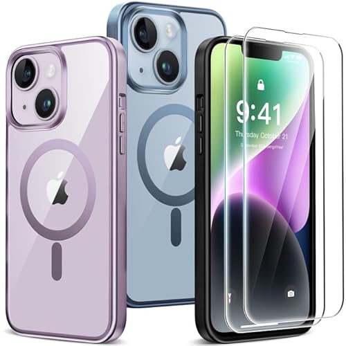 Helssitot Magnetisch Handyhülle für iPhone 14, Hülle 6.1" mit 2 Stück Schutzfolie Kompatibel mit MagSafe [Galvanisierte Kabellosem Laden] Case Militärgrad Kratzfeste Stoßfest Schutzhülle - Lila von Helssitot