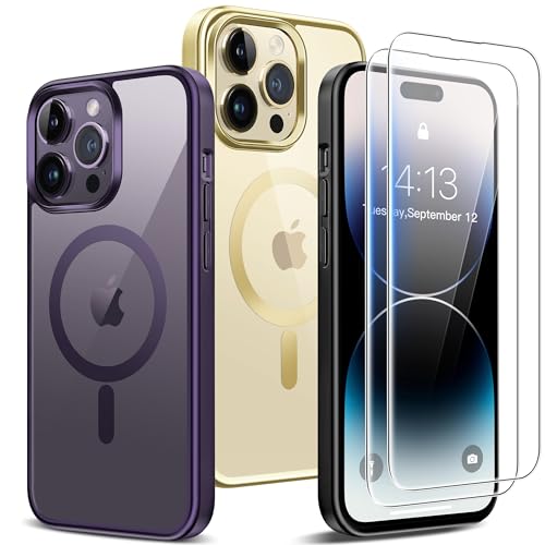 Helssitot Magnetisch Handyhülle für iPhone 14 Pro Hülle mit 2 Stück Panzerfolie, Kompatibel mit MagSafe Stoßfest Kratzfeste Galvanisierte PC Schutzhülle Case für iPhone 14 Pro - Dunkellila von Helssitot