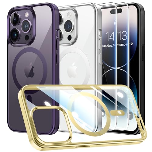 Helssitot Magnetisch Handyhülle für iPhone 14 Pro Max Hülle mit 2 Stück Panzerfolie, Kompatibel mit MagSafe Stoßfest Kratzfeste Galvanisierte PC Schutzhülle Case für iPhone 14 Pro Max - Gold von Helssitot