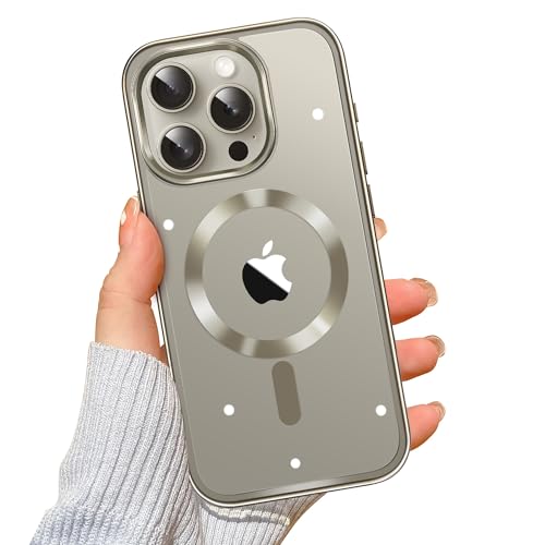 Helssitot Magnetisch Handyhülle für iPhone 15 Pro, Hülle 6.1" mit 2 Stück Schutzfolie Kompatibel mit MagSafe [Galvanisierte Kabellosem Laden] Case Militärgrad Stoßfest Schutzhülle - Titan Natur von Helssitot