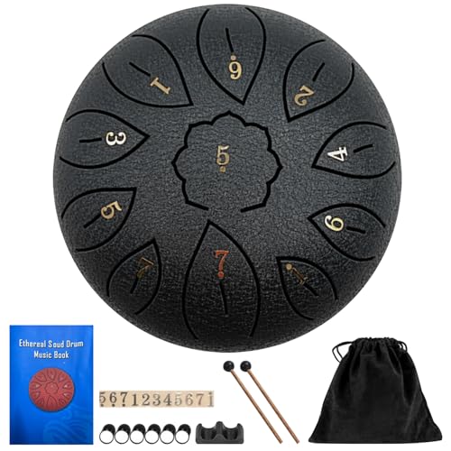 Stahlzungentrommel 11 Noten 6 in Dia..Tragbare Regentrommel mit Drum Mallets, Tragetasche, Musikbuch meditative Zungentrommel für Yoga, vorgeburtliche Musikausbildung (schwarz) von Hemore