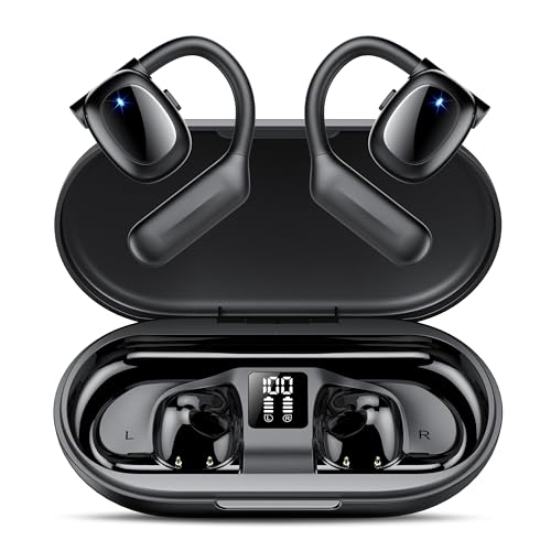 Hendari Open Ear Kopfhörer Bluetooth 5.3, LED-Anzeig, 75 Stunden Spielzeit, Tiefer Bass Wireless Earbud, Bequeme Sport-Kopfhörer, Wireless Earbuds mit Mikrofon, IPX5 wasserdicht für Arbeit von Hendari